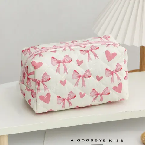 Cute Bow & Heart Pattern Makeup Bag, Large Capacity Cosmetic Storage Bag, Zipper Makeup Organizer Pouch, Versatile Storage Bag for Women Travel & Daily Use, Travel Cosmetic Bags, Cosmetics Organizer, Travel Beauty Bag