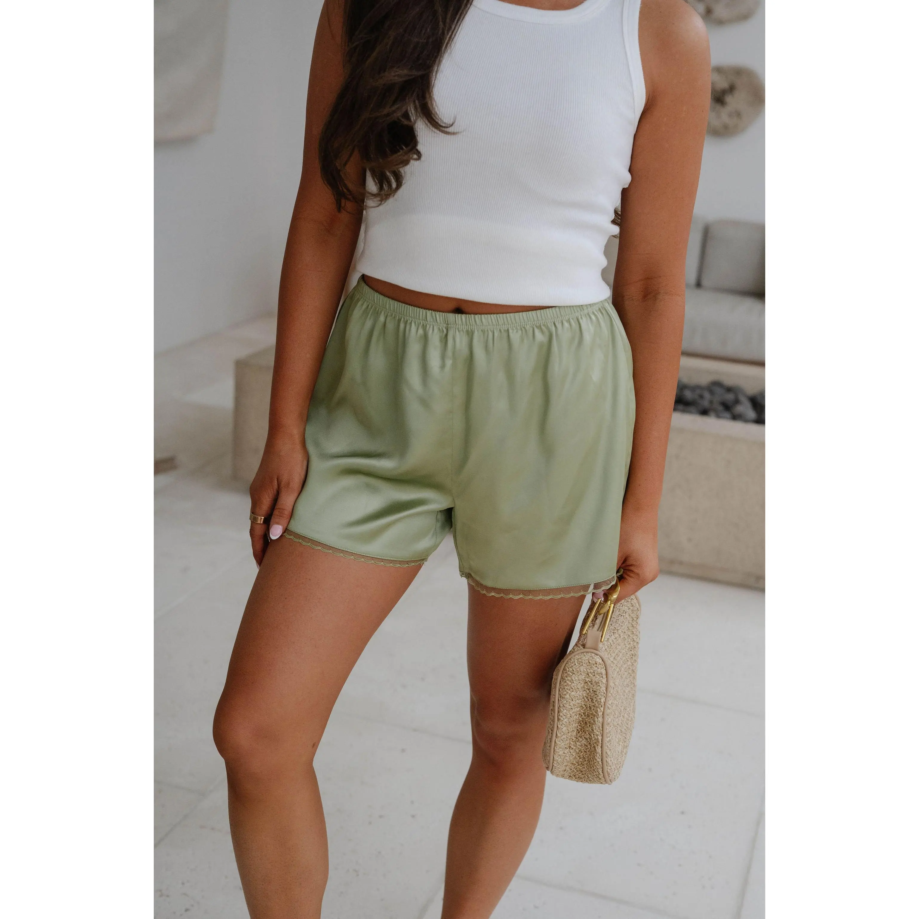 Kayla Satin Shorts-Matcha
