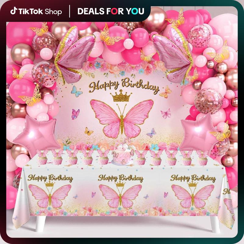 Purple Butterfly Birthday Decorations Pink Balloon Arch Kit Foil Butterfly Balloon,95pc Happy Butterfly Birthday for Girl Baby Shower Party Decor FathersDayGift