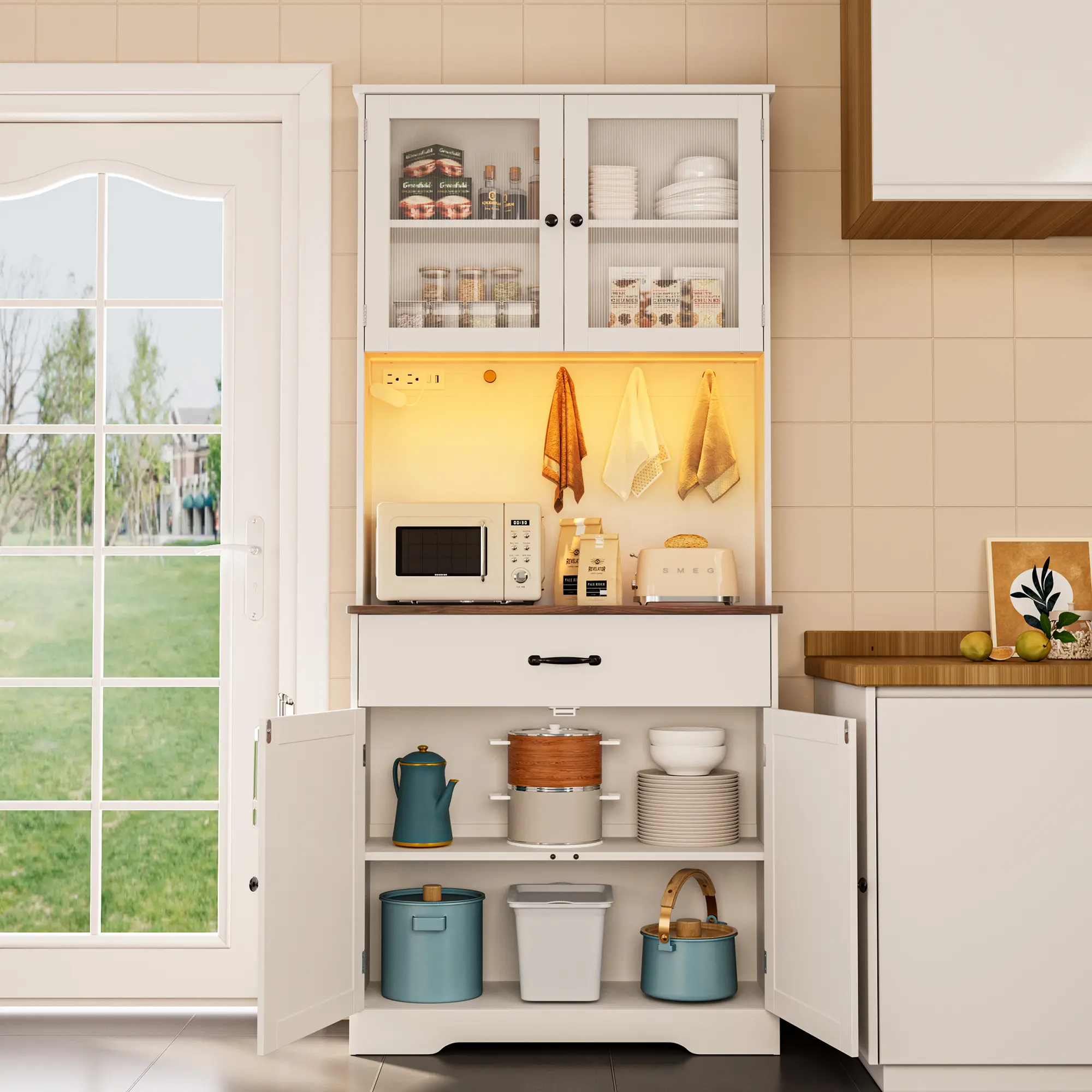 Gizoon 71" H Storage Cabinet with Strip Light Kitchen Pantry Cabinet with Doors and Drawers White Hutch with Charging Station and Adjustable Shelves for Coffee Bar Dining Room