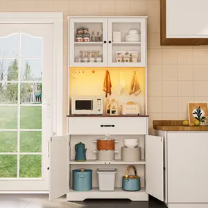 Gizoon 71" H Storage Cabinet with Strip Light Kitchen Pantry Cabinet with Doors and Drawers White Hutch with Charging Station and Adjustable Shelves for Coffee Bar Dining Room