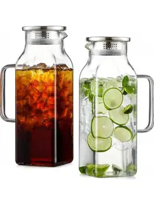 2-Pack 2-Liter/68-Ounce Square Glass Water Pitcher with Lid and Handle, Suitable for Refrigerator Iced Tea and Coffee, Glass Water Bottle Beverage Utensil, Heat-Resistant Borosilicate Glass Kettle, Suitable for Hot/Cold Drinks and Milk