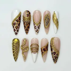 Luxury Leopard Press On Nails | Gold Snake & Feather Nail Art | Glam Animal Print Long Stiletto Nails | Handmade Nail Set