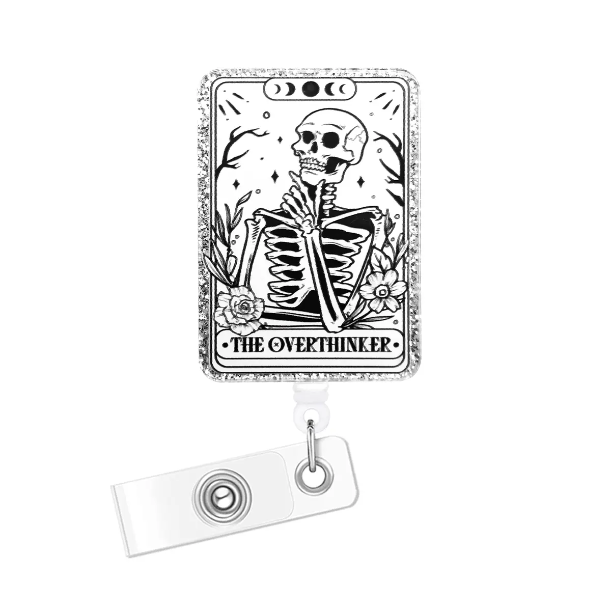 Halloween Expandable Medical Nursing Badge Reel with Skeleton & Flower Design, Durable Clip-On ID Holder for Nurses, Doctors, Students, Office Workers