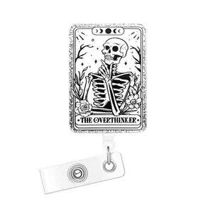 Halloween Expandable Badge Reel with Skeleton & Flower Design, Durable Clip-On ID Holder for Nurses, Doctors, Students, Office Workers