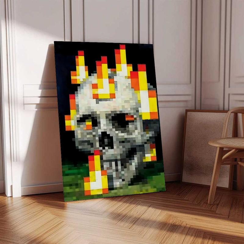 Vivid Pixel Skull Flame Canvas Poster, Art Decor Style, Indoor Wall Art, Posters And Prints, Suitable As Art Wall Painting for Bedroom, Office, Living Room, Cafe