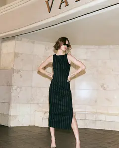 Express Linen-Blend Striped Super High Waisted Column Midi Skirt