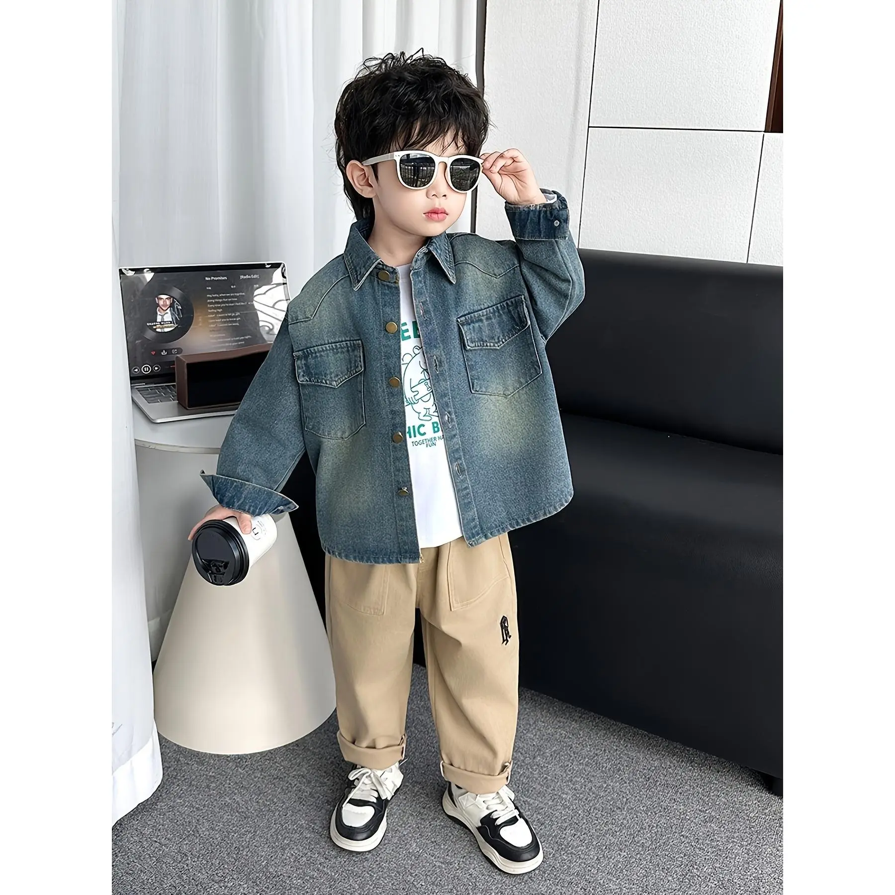 (New) Boys' Small-Medium Coats, Spring-Autumn Dark Mock Collar Copper-Button Clean Version Open Placket Casual Outdoor Hiking Outerwear (Size by Height)