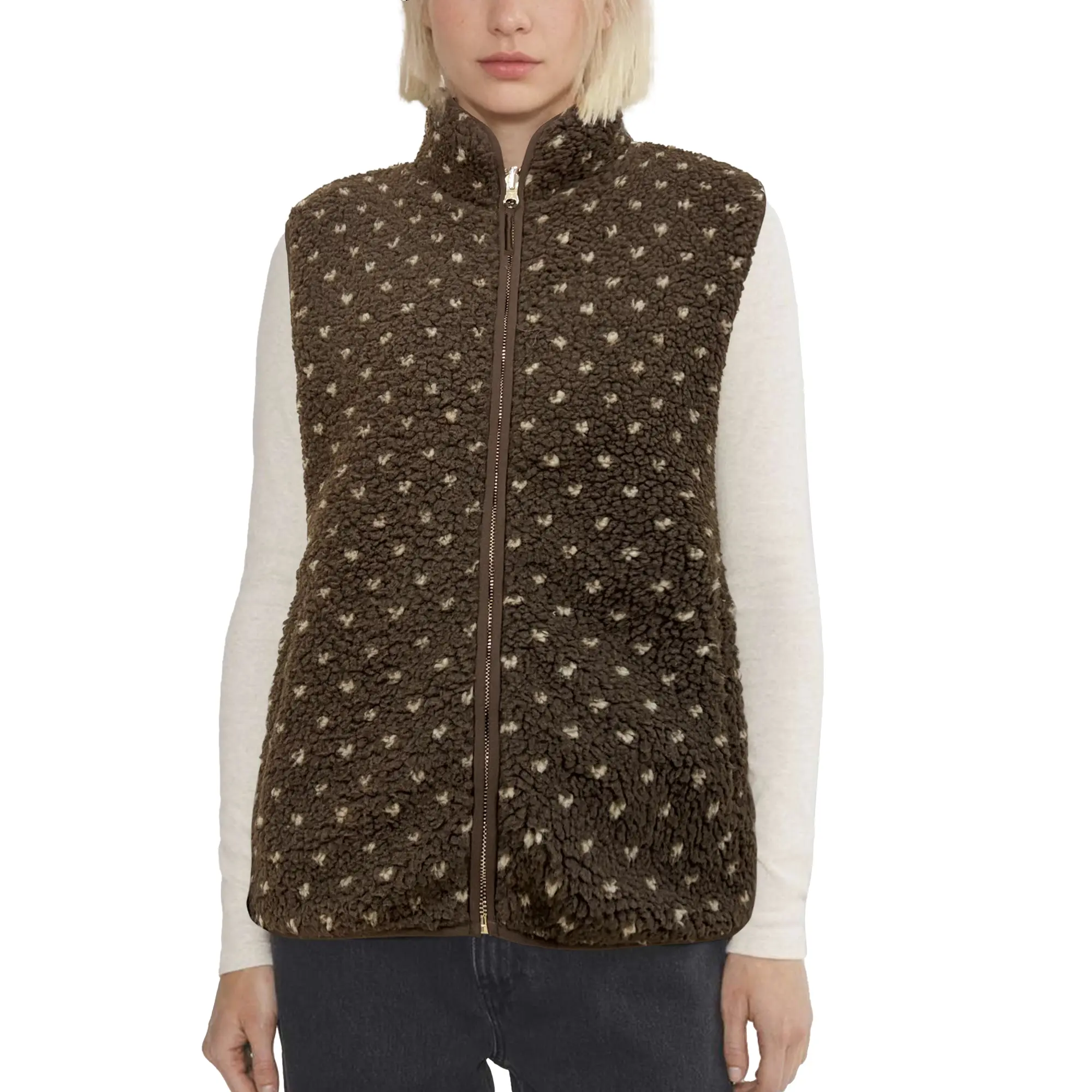 Hixiaohe Women's Heart Print Fleece Vest, Casual Lightweight Outdoor Sherpa Outerwear with Full Zipper and Pockets, Hip Length, Fuzzy, Collared, Tops