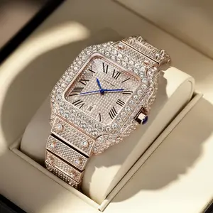 Full-Diamond Moissanite Quartz Watch – Unisex, Waterproof, Roman Numeral Square Dial, Elegant for Work & Casual