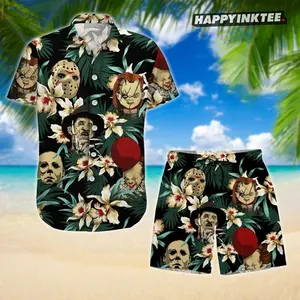 Horror Movie Hawaiian Shirt Shorts Set Jason Chucky Freddy Michael Myers Pennywise Tropical Floral Men Women Halloween Beach Summer Loose Comfy Outfit