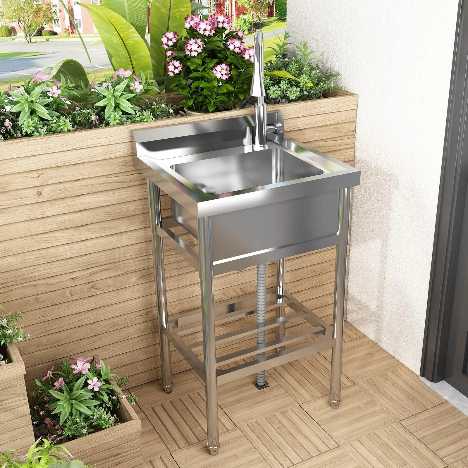 Stainless Steel Workbench Sink, Freestanding Single Bowl Sink, Freestanding Portable Sink with Stand and Tap, for Outdoor, Backyard, Kitchen, Restaurant, Garage, 60 x 51 x 107 cm
