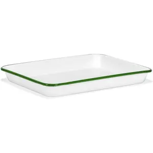 11" x 9" Enamelware Metal Classic 2 Quart Rectangular Serving Tray, Solid White/Dark Green Rim