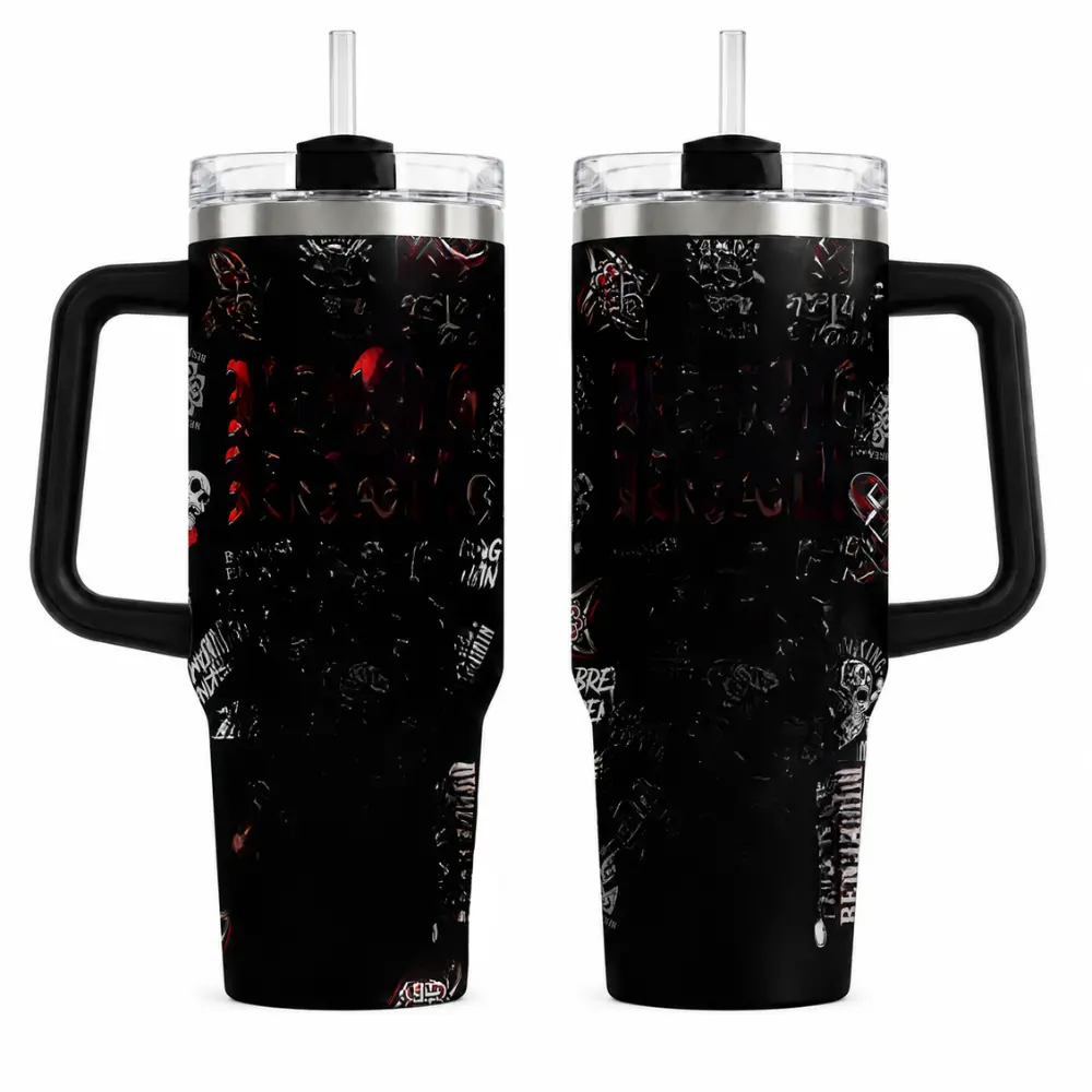 Dark Alternative Rock Tumbler 30oz 40oz With Handle, Black Red Skull Rose Raven Celtic Symbol Collage Insulated Travel Cup, Gothic Music Lover Gift, Not Including The Straw Drinkware Water Bottles