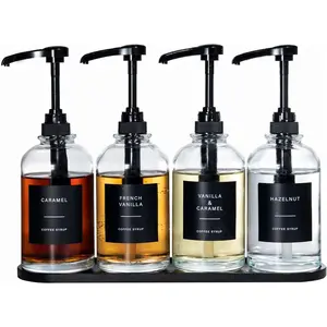 16.9oz Glass Coffee Syrup Dispenser Set of 4, with 1/4 oz Capacity Pump & Tray, Black Syrup Pump Dispenser for Coffee Bar Coffee Station