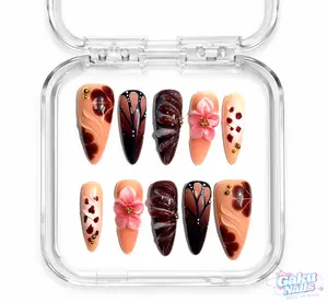 GakuNails MOCHA BLOSSOM 10 PCS Stilettos Handmade Press On Nails Builder Gel Enhanced 3D Flower Majestic Luxurious selectable size Reusable