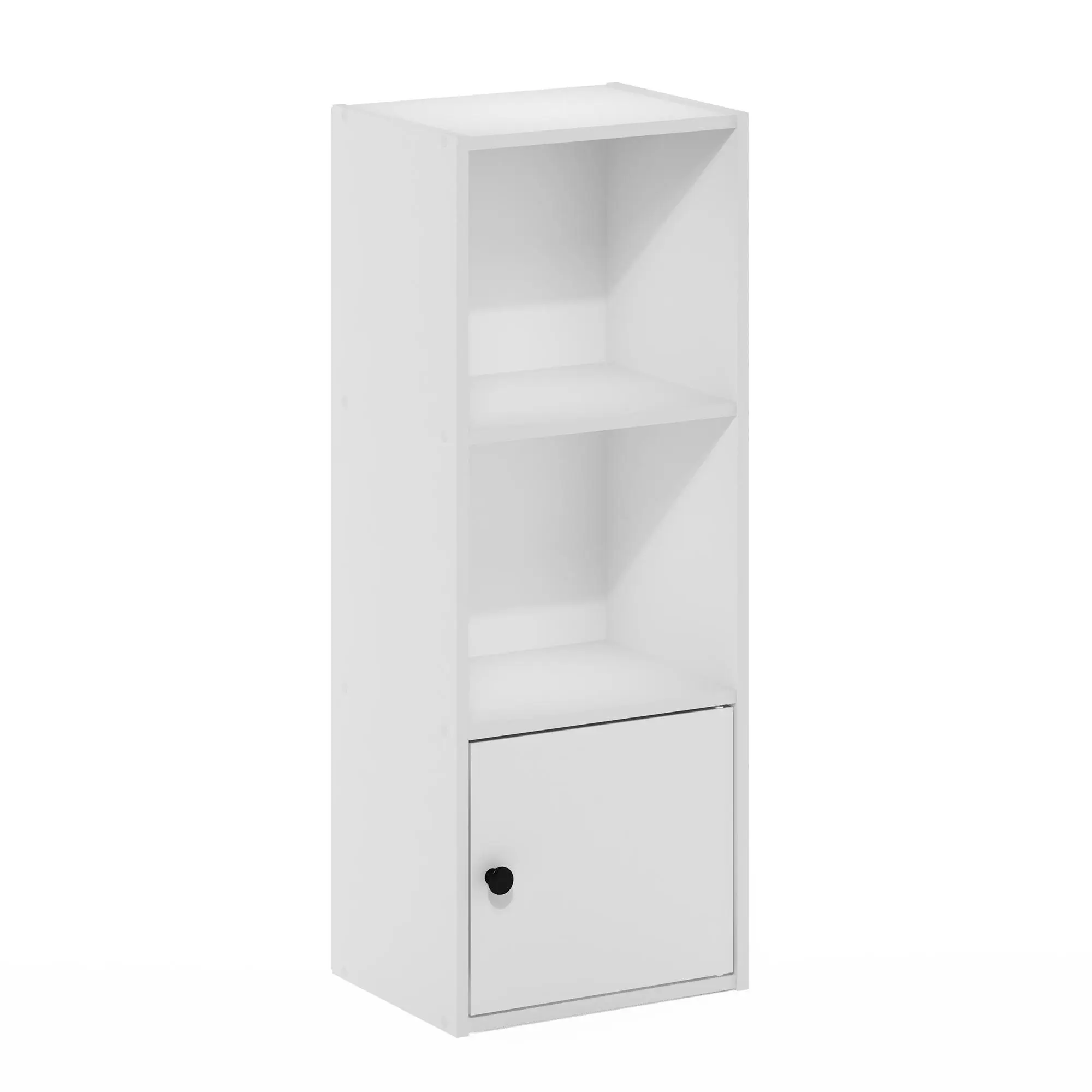LUDER Contemporary Freestanding Composite Wood 3-Tier Shelves with Single Unit Closed Cabinet, 9.3x12x31.5 in Storage Unit for Living Room, Home Office - White Bookshelf