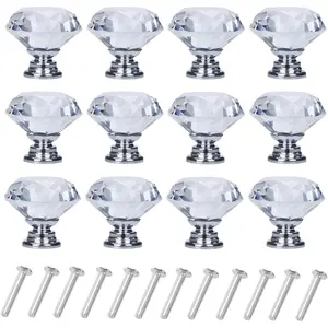 12 Pack Drawer Knobs Diamond Shaped Crystal Glass 30mm Cabinet Knobs Pull Handles (Silver)