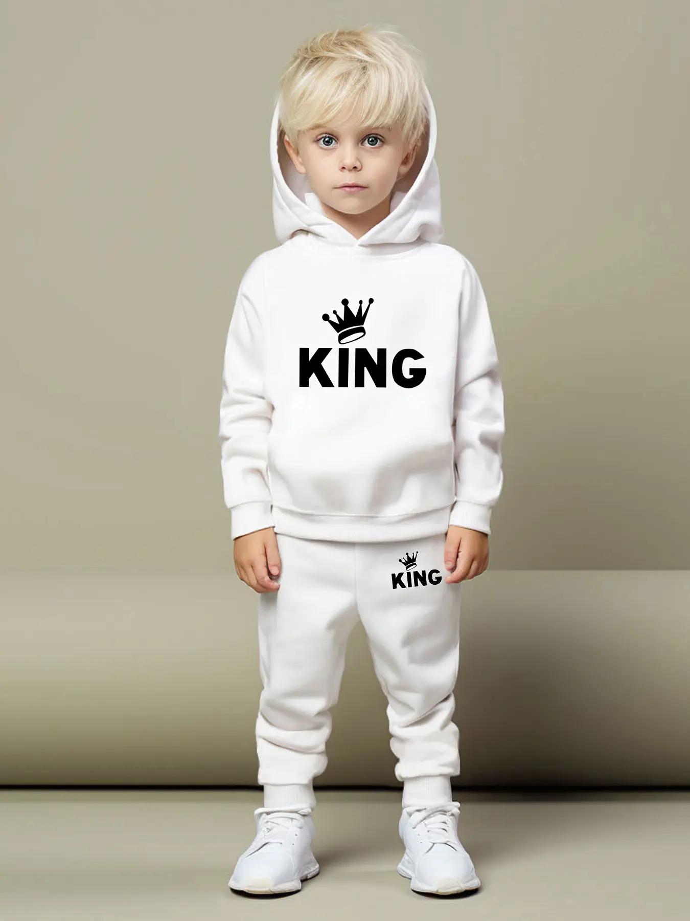 Boys' Casual Fashion Two-Piece Set, Cartoon Crown Letter Print Hooded Long Sleeve Pants, Fitted All Seasons, Random Print Set, Sweat Set, Graphic Print Set