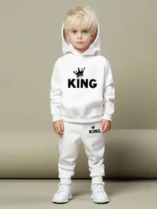 Boys' Casual Fashion Two-Piece Set, Cartoon Crown Letter Print Hooded Long Sleeve Pants, Fitted All Seasons Clothes Kids