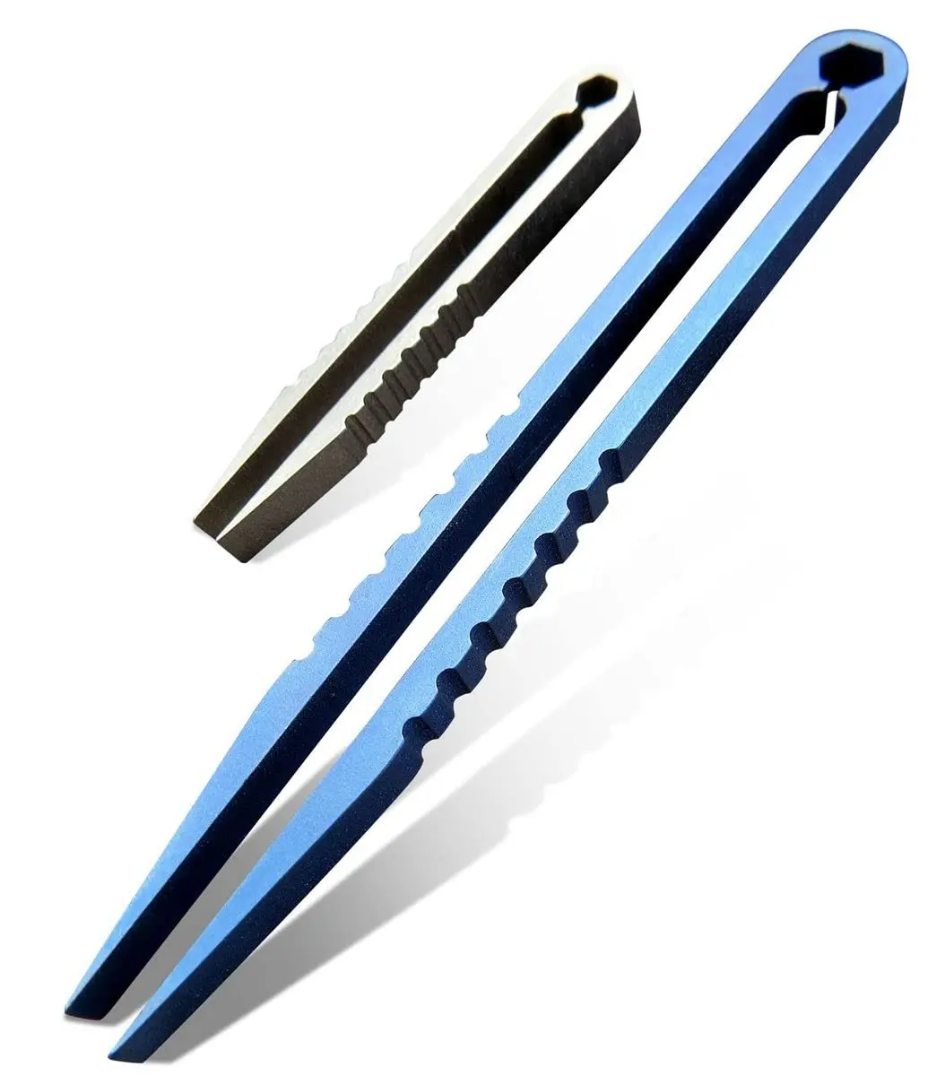 2-Piece Mini Titanium EDC Tweezers (Blue Portable Titanium Alloy Outdoor Survival Camping & Splinter Removal Pocket Tool Set)