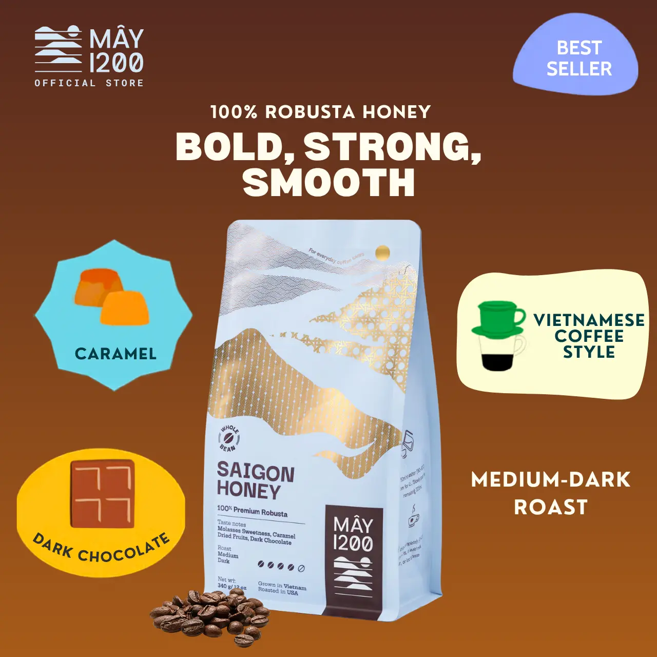 Saigon Honey | Bold,Strong,Smooth | Vietnamese coffee | 100% Premium Robusta | Medium Dark Roast | High Caffeine, Low Acidity