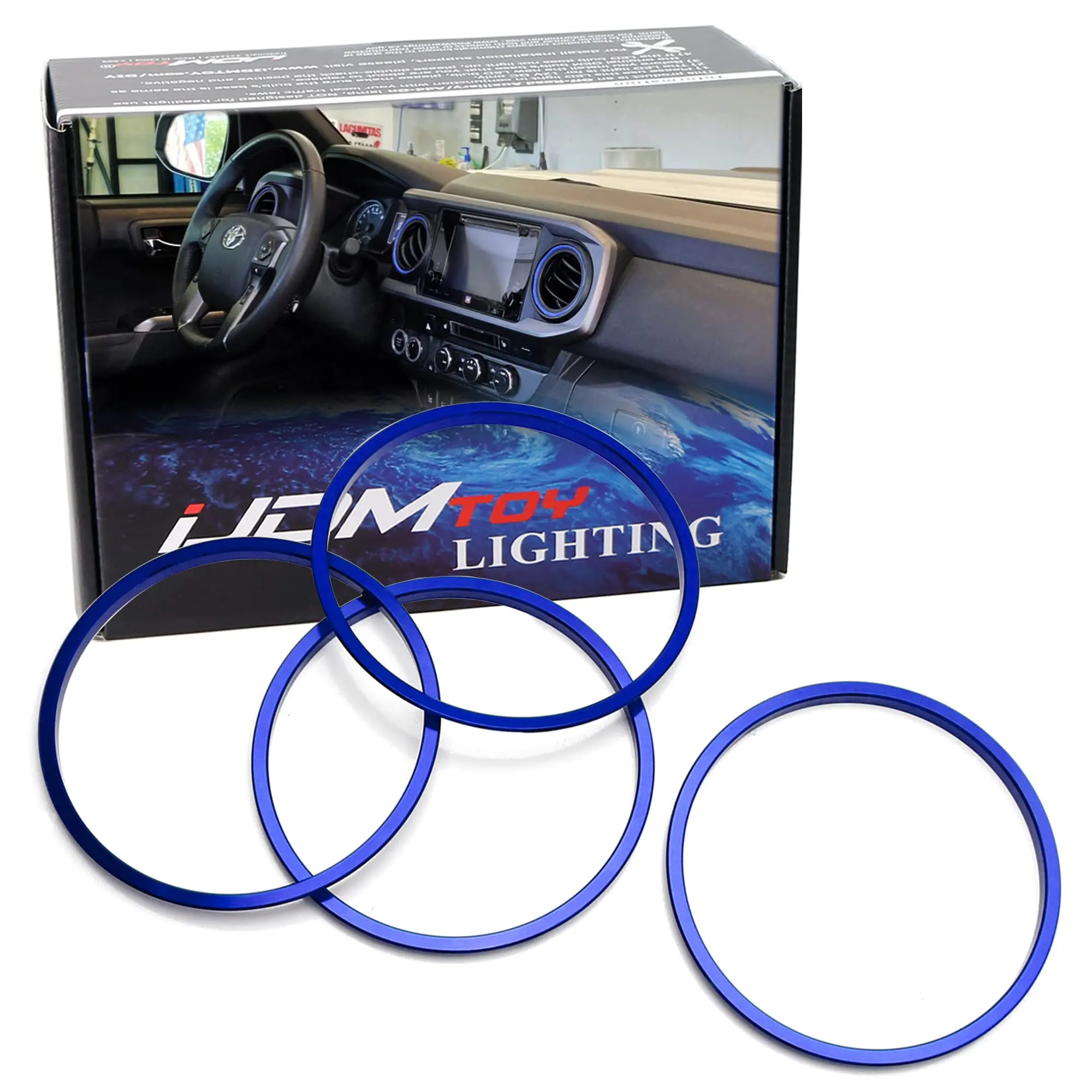iJDMTOY 4pc Blue Satin Finish Aluminum Outer AC Vent Surrounding Decoration Rings For 2016-2023 Toyota Tacoma