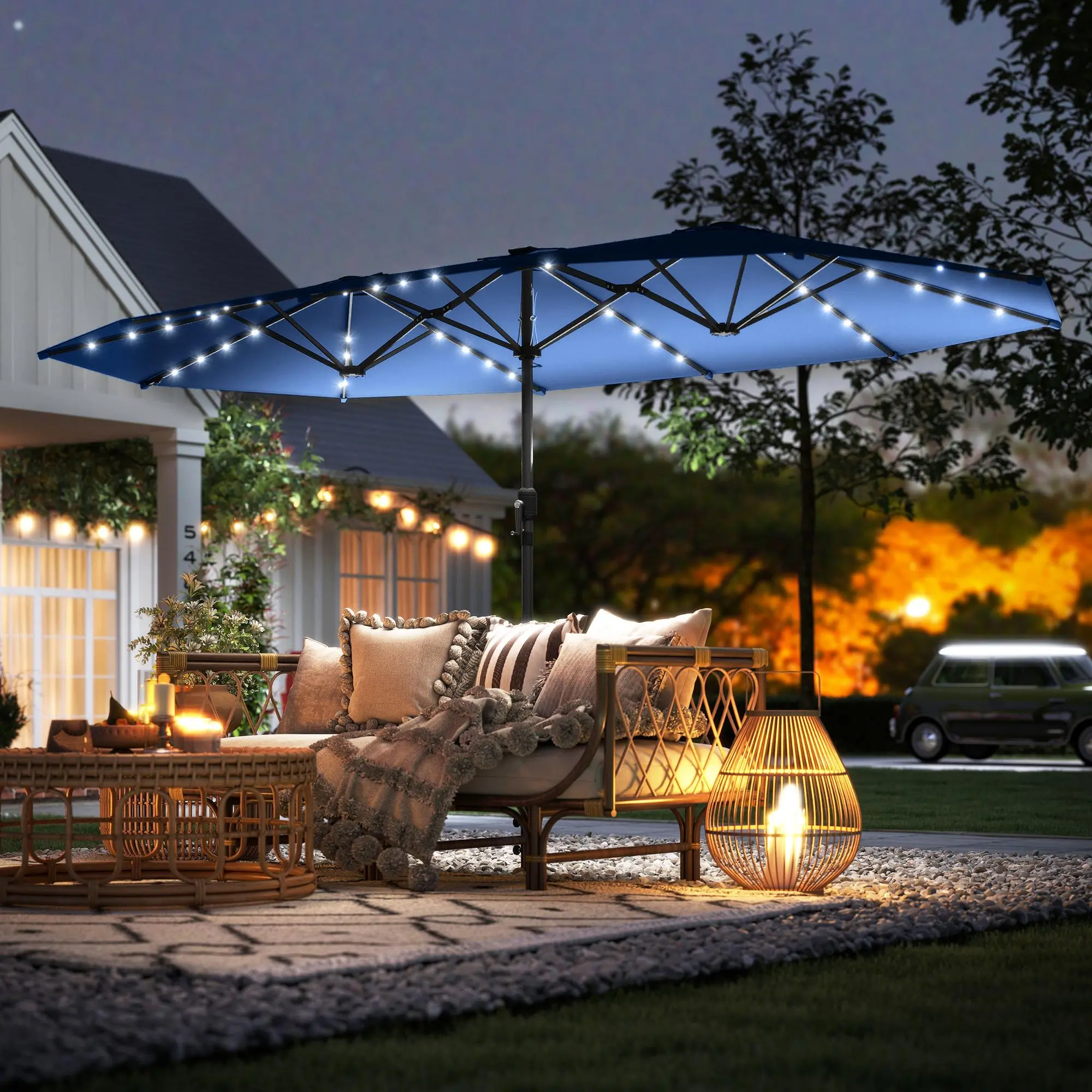 Garden Parasol Double-Sided Sun Umbrella with 48 Solar LED Lights Patio Parasol for Outdoor Blue 14.8' L x 8.7' W x 7.9' H Durable Steel Frame