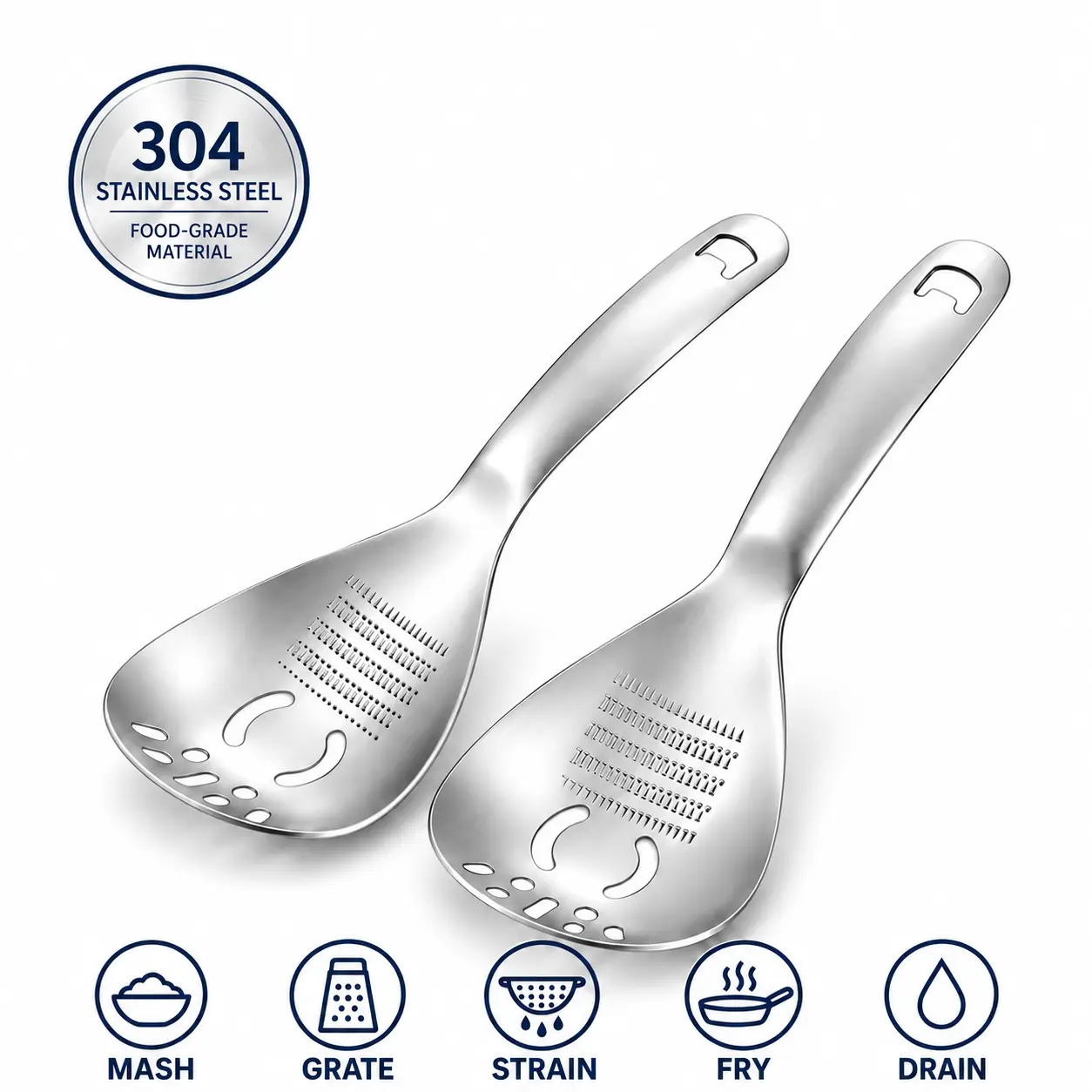 304 Stainless Steel Multi-Use Kitchen Strainer Ladle - Slotted Spoon with Mesh Holes, Draining Cooking Equipment, Stainless Steel Colander Alternative
