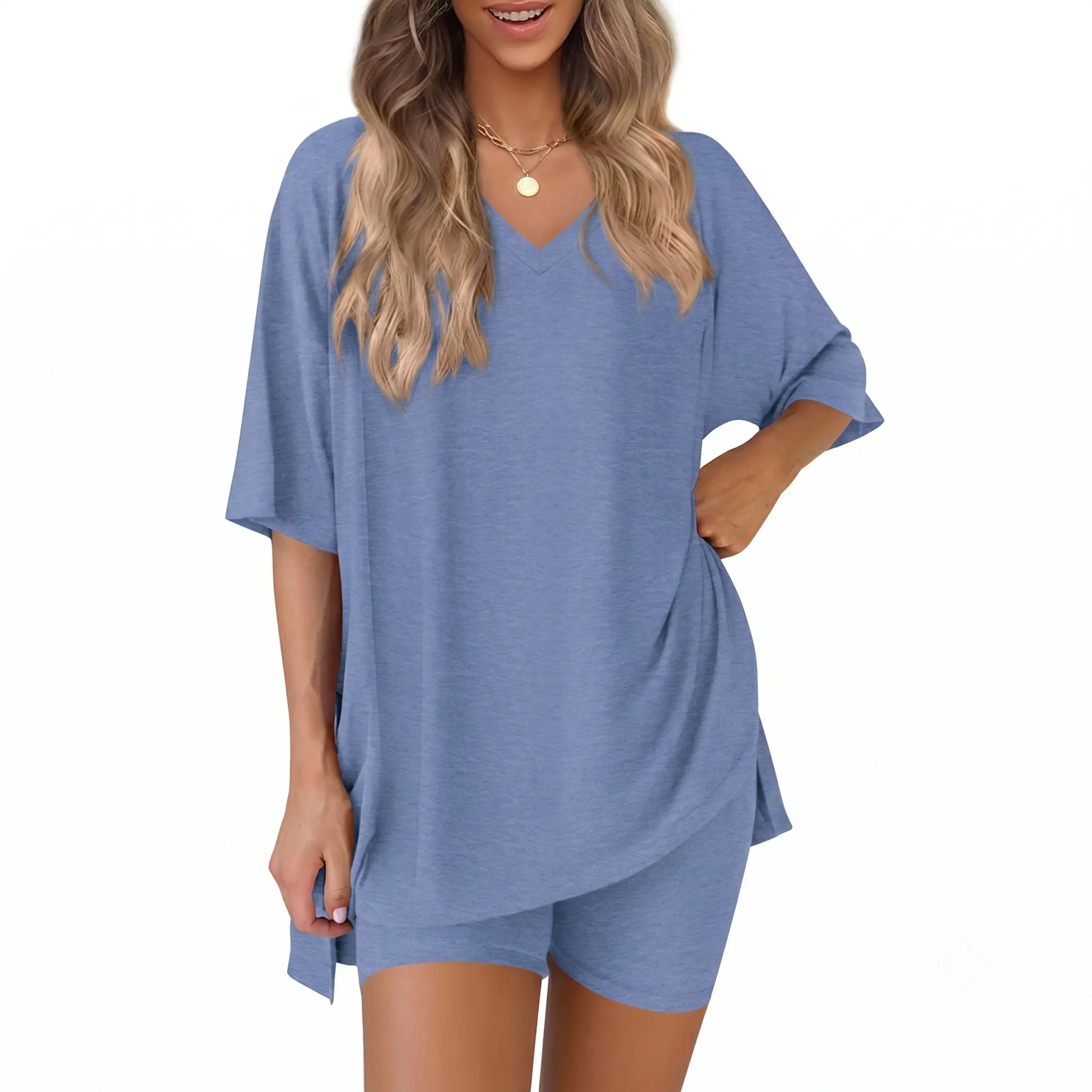 Women's 2 Piece Lounge Sets V Neck Oversized T-Shirts and High Waisted Biker Shorts Matching Sets Summer Outfits 2026 Clothes Casual Wear
