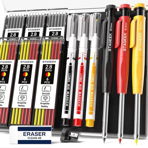 STAGEEK 3-Pack Mechanical Carpenter Pencils Set (3+39 Pieces) with Storage Box, Ergonomic Grip, 2.8mm Lead, Sharpener, Eraser, Long-Nosed Marker Pens for Architects, Back to School, Durable Marking on Glass, Metal, Plastic