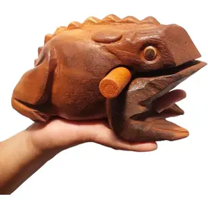 9"  Frog Guiro Rasp Percussion Instrument Tone Block Wooden Good Luck Frog  Shaped Figurine  Musical Instruments from Thailand  Office Decoration (Tan)