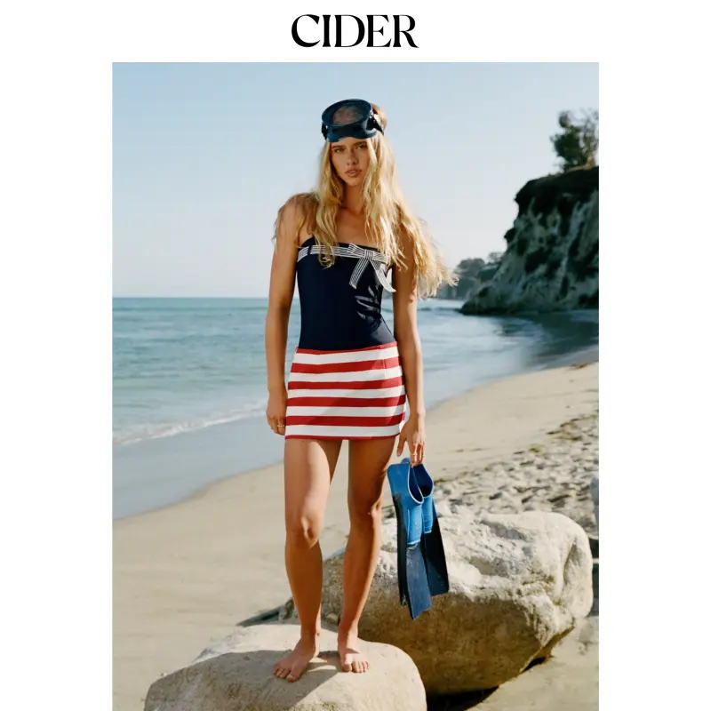 Cider Square Neck Striped Bowknot One Piece Swimsuit