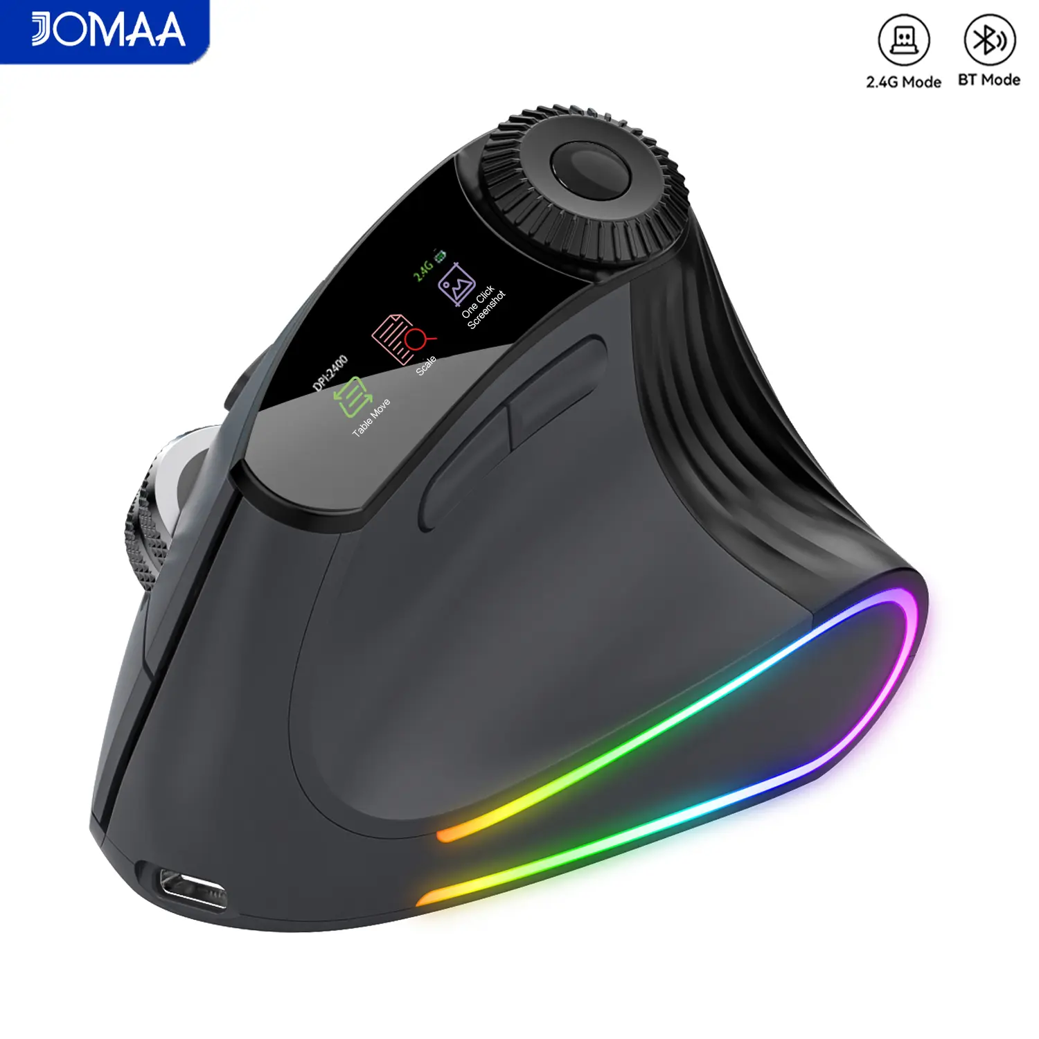 Jomaa RGB Backlit Speed Roller Wireless Mouse Vertical Ergonomic Bluetooth+2.4G Mice with Function Adjustment Knob Bluetooth Mouse for Laptop Tablet OS Windows