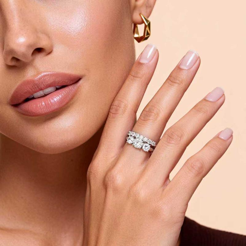 Women's 2-Piece Moissanite Three-Stone Ring Set — VVS1 Clarity Stackable Wedding Rings/ 14K Gold-Plated Engagement & Anniversary Jewelry Gift/ Comfortable Fit (Sizes 5–10)