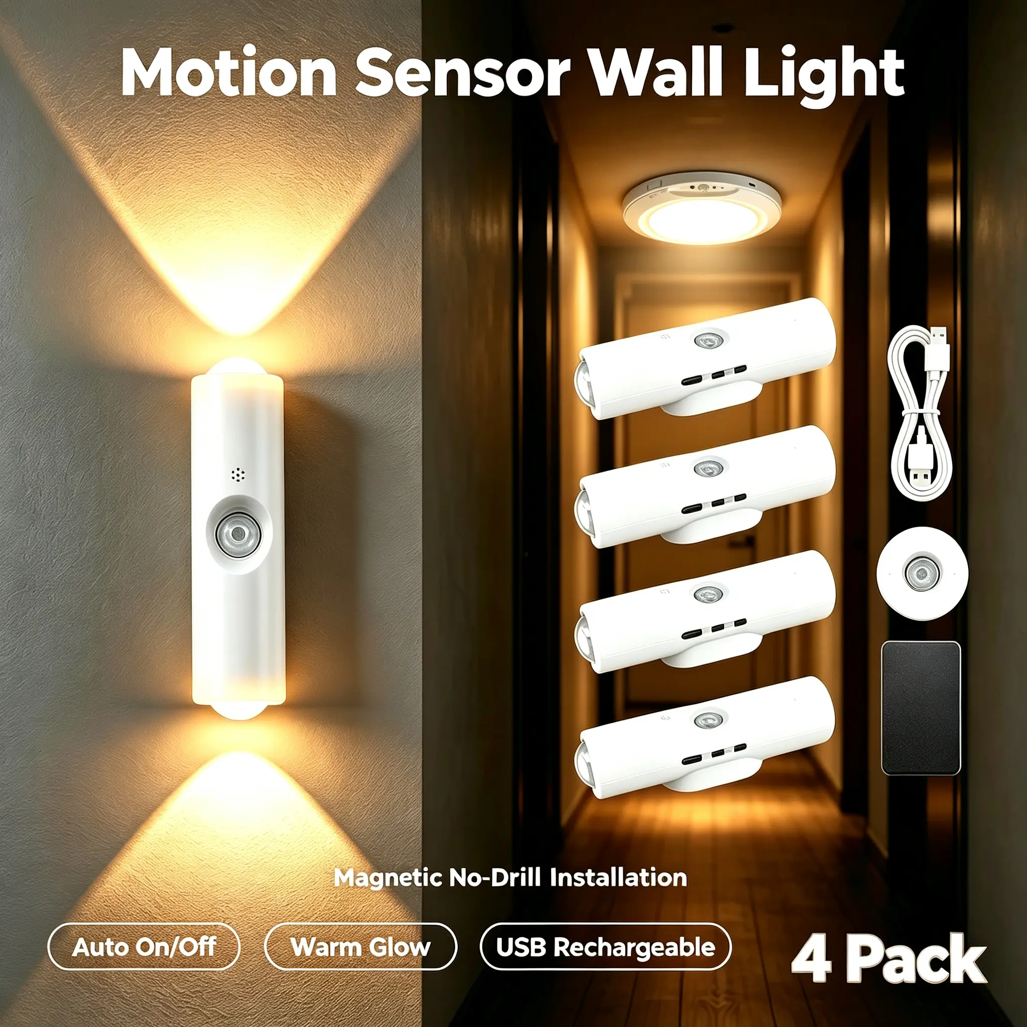 KEYDOORS 4-Pack Motion Sensor LED Night Lights, Stick-On Magnetic No-Drill Indoor Wall Spotlights, 3-Color Modes, Auto On/Off, USB Rechargeable for Home Use