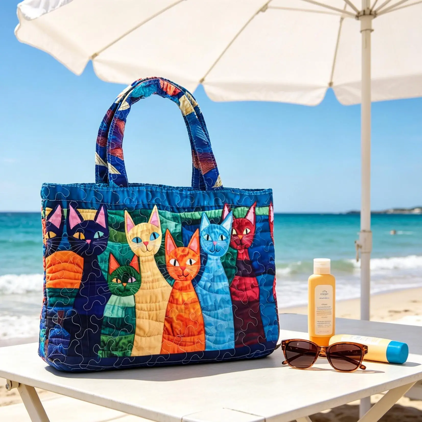 Women's Cute Quilted Cat Print Cotton Tote Bag - Top Handle, Casual, High-Capacity, Non-Toxic, Vibrant Texture, Durable Home Organizer for Daily Shopping, Ideal Gift for Cat Lovers Practical Bag Cute Tote Bags Market Tote Lightweight Puffy Tote