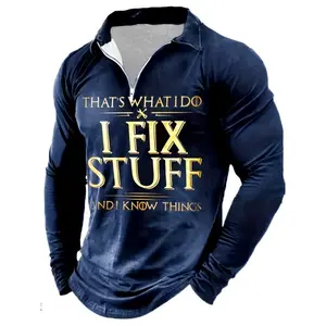 menswear Men'S Casual Long Sleeve Zip Up Polo Shirt with "I Fix Stuff" Letter Print, Polyester Knit Fabric, Slight Stretch, All-Season Lapel Collar Top, Regular Fit, Chain Detail - 164gsm Knife Mixed Color