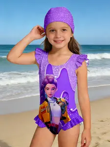 Girls' Dreamy Kpop Anime One-Piece Swimsuit, Soft Cute Toddler Swimwear, Quick-Dry Beach Vacation Swimming Suit