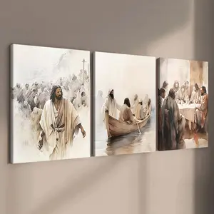 3-Piece Wooden Frame Canvas, Religious Jesus Life Scene Triptych Poster, Modern Art, Waterproof, Home Decor for Living Room, Bedroom, Office
