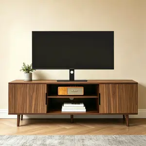54.3" Modern Fluted TV Stand | Mid-Century Entertainment Center with Open Shelves & Cable Management | Solid Wood Media Cabinet for Living Room, Bedroom | Walnut Finish TV Console