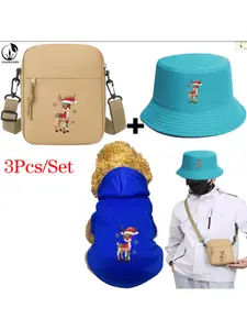 Preppy Patchwork Christmas Reindeer Print, Pet Hoodie and Fisherman Hat and Crossbody Bag Three-in-one Combination, Universal for Men and Women, New Style of Pet Hoodie, 3Pcs Suit Stylish Hat Crossbody Bag Pet Hoodie Suit