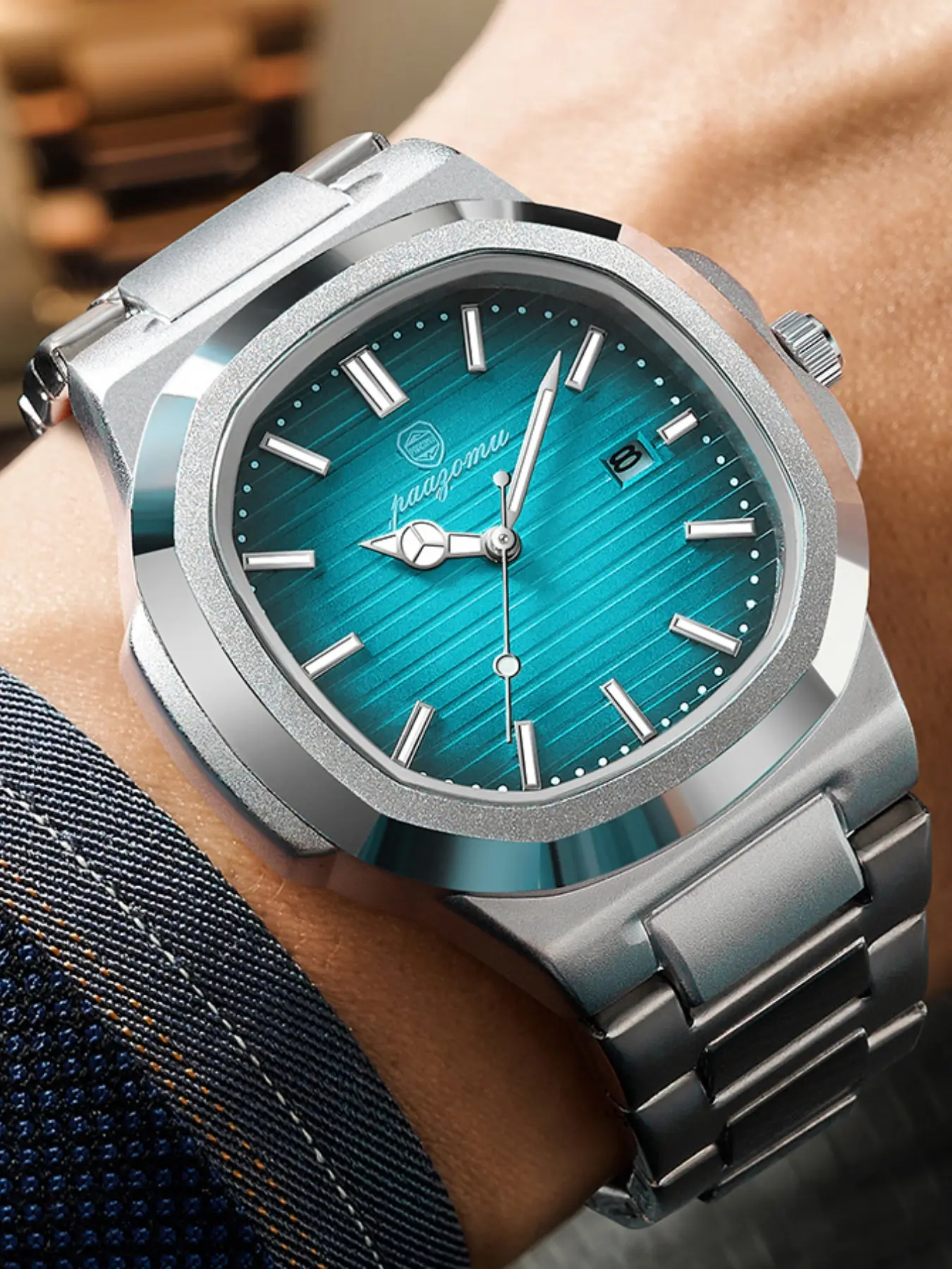 Paazomu Square Luxury Men's Watch, Waterproof Night Glow Date Luminous Dial Watch Stainless Steel Business Sports Quartz Watch for Men
