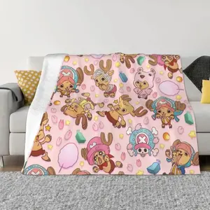 Kawaii anime One Piece themed print design plush throw blanket, versatile for home office or camping, suitable for all seasons