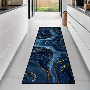 1pc Non-shedding Printed Ocean Pattern Small Long Carpet, Fashionable Corridor Long Rug for Conference Rooms, Blue and Black Fashionable Creative Lounge Carpets