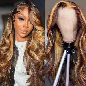 Highlight Ombre 13x6 Lace Front Wigs Human Hair 4/27 Colored Body Wave Honey Blonde 9A Glueless HD Transparent Lace Frontal Wigs for Women 180% Density Human Hair Pre Plucked with Baby Hair 30 Inch
