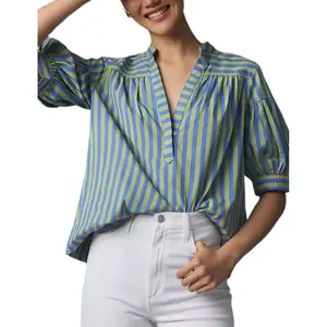 UANEO Womens Summer Swing Top Striped V-Neck Loose Short Sleeve Pleated Pullover Casual Blouses Womenswear Shirts