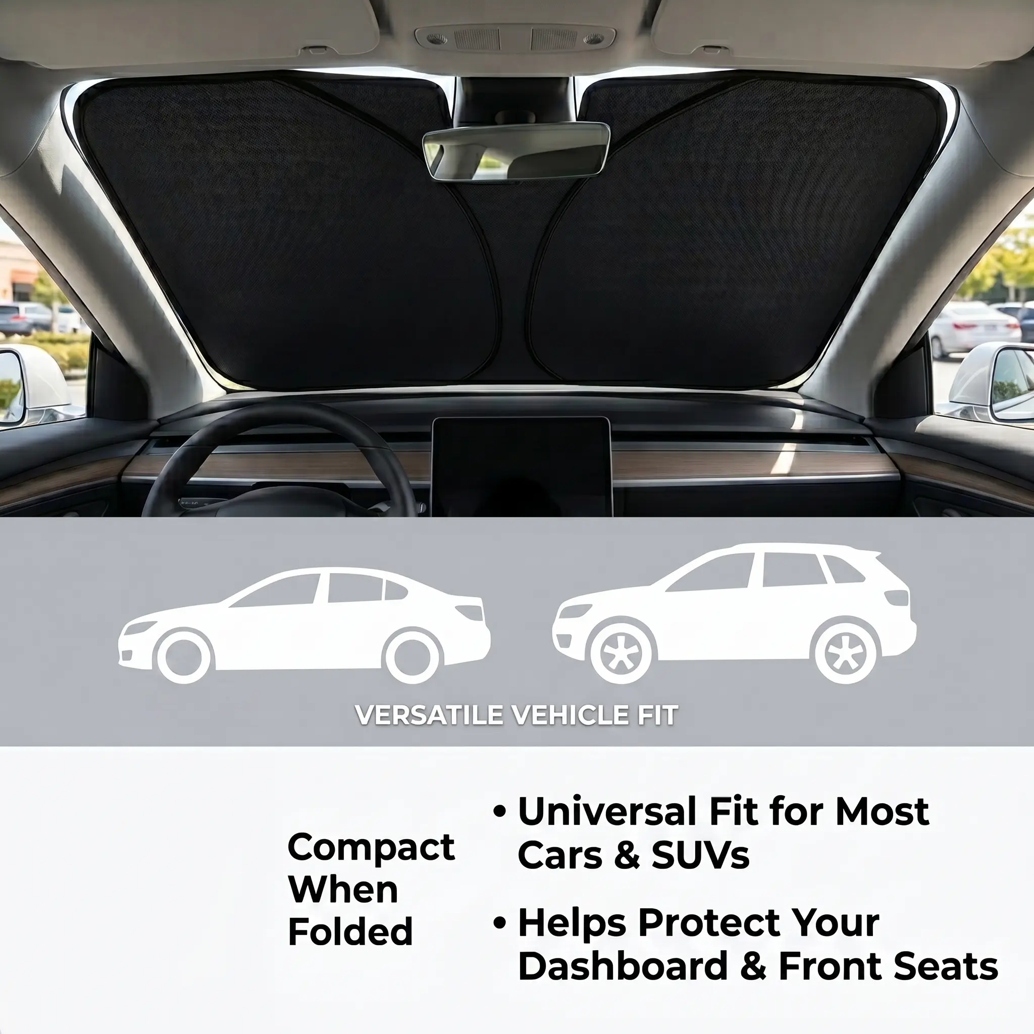 Titanium Silver Foldable Car Windshield Sun Shade for Most Cars & SUVs, Reflective Front Window Cover With Storage Bag Universal Front Windshield Sun Shade, Foldable Reflective Car Sunshade for Sedan and SUV, Easy-Store Heat Shield