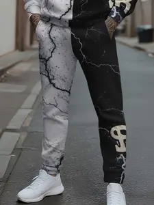Men's Patchwork Design Cracked Lightning Pattern Joggers, Two-Tone Crack Stone Texture & Lightning Print Casual Sport Pants