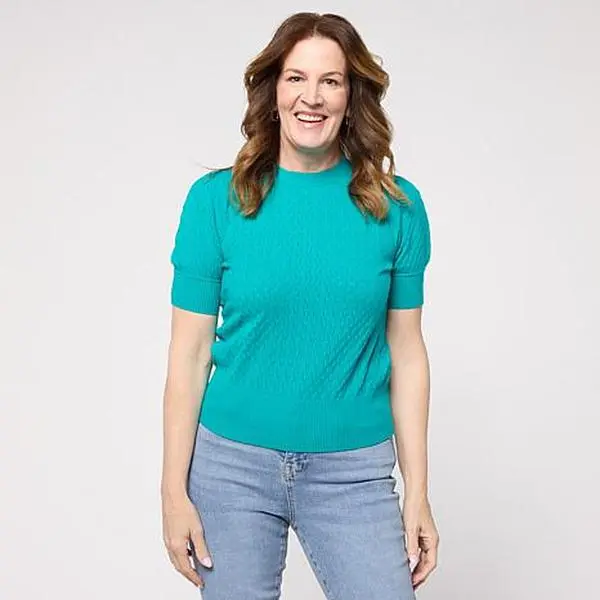 DG2 by Diane Gilman Pointelle SoftEase Knit Puff-Sleeve Sweater